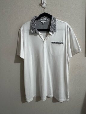 Calvin Klein White Polo with Black Patterned Collar and Pocket Trim XL Slim Fit